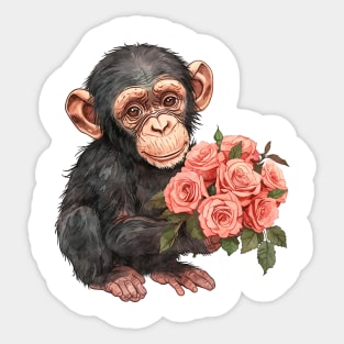 Valentine Chimpanzee Giving Flowers Sticker